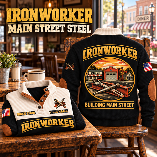 Ironworker Main Street Steel Sports Sweatshirt in Black, source-faithful garment artwork in a polished cafe chair back and folded front composition, original sample name and year retained.