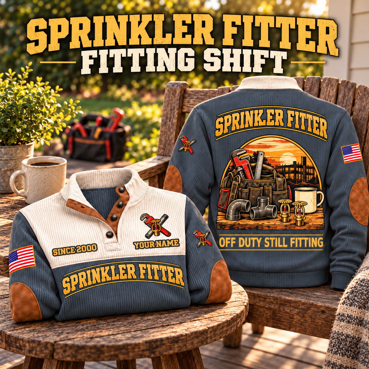 Sprinkler Fitter Fitting Shift Sports Sweatshirt in Grey, source-faithful front and back garment artwork in a polished porch chair back and folded front composition, original sample name and year retained.