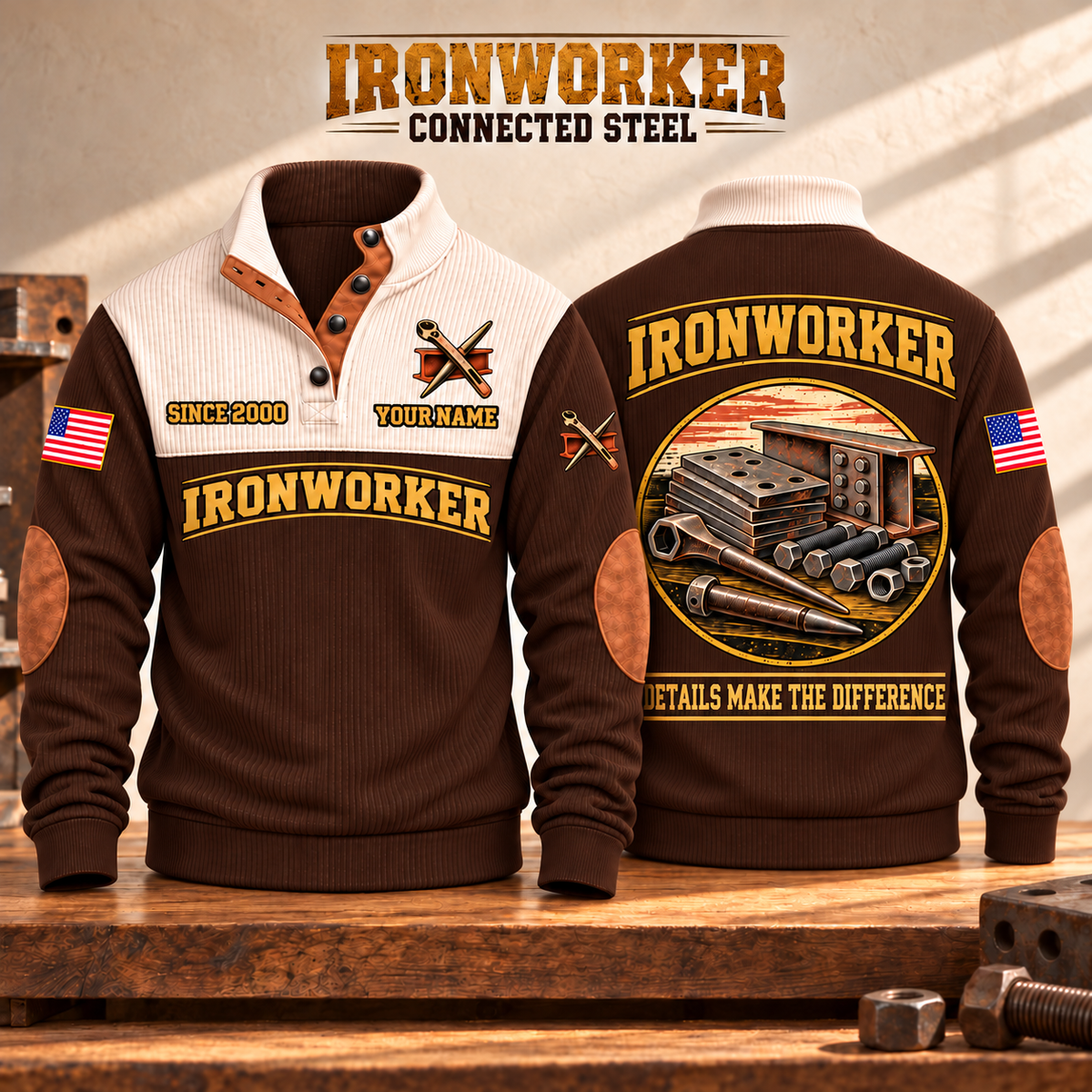 Ironworker Connected Steel Sports Sweatshirt in Brown, source-faithful garment artwork in a polished studio front and back composition, original sample name and year retained.