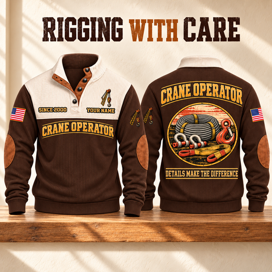 Crane Operator Rigging With Care Sports Sweatshirt in Brown, source-faithful garment artwork in a polished studio front and back composition, original sample name and year retained.