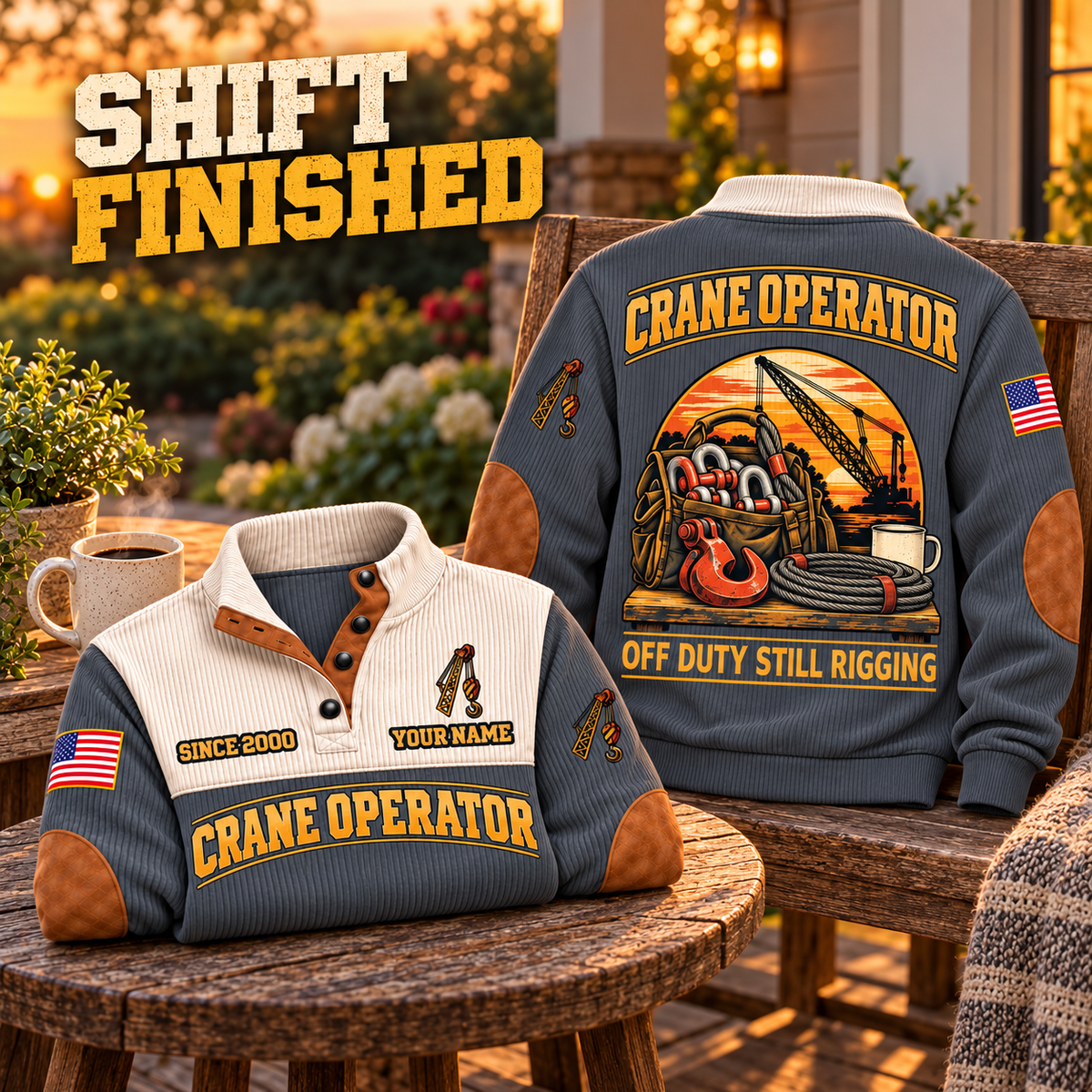 Crane Operator Shift Finished Sports Sweatshirt in Grey, source-faithful garment artwork in a polished porch chair back and folded front composition, original sample name and year retained.