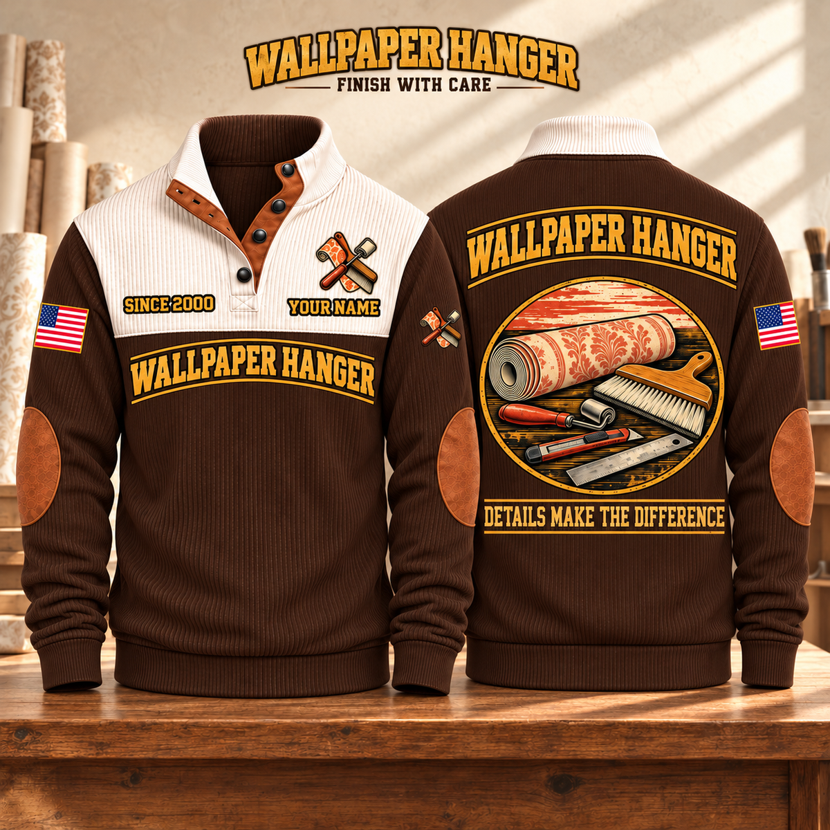 Wallpaper Hanger Finish With Care Sports Sweatshirt in Brown, source-faithful garment artwork in a polished studio front and back composition, original sample name and year retained.