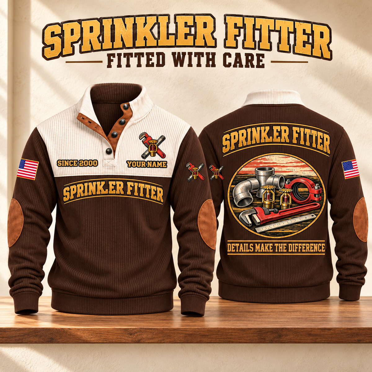 Sprinkler Fitter Fitted With Care Sports Sweatshirt in Brown, source-faithful front and back garment artwork in a polished studio front and back composition, original sample name and year retained.