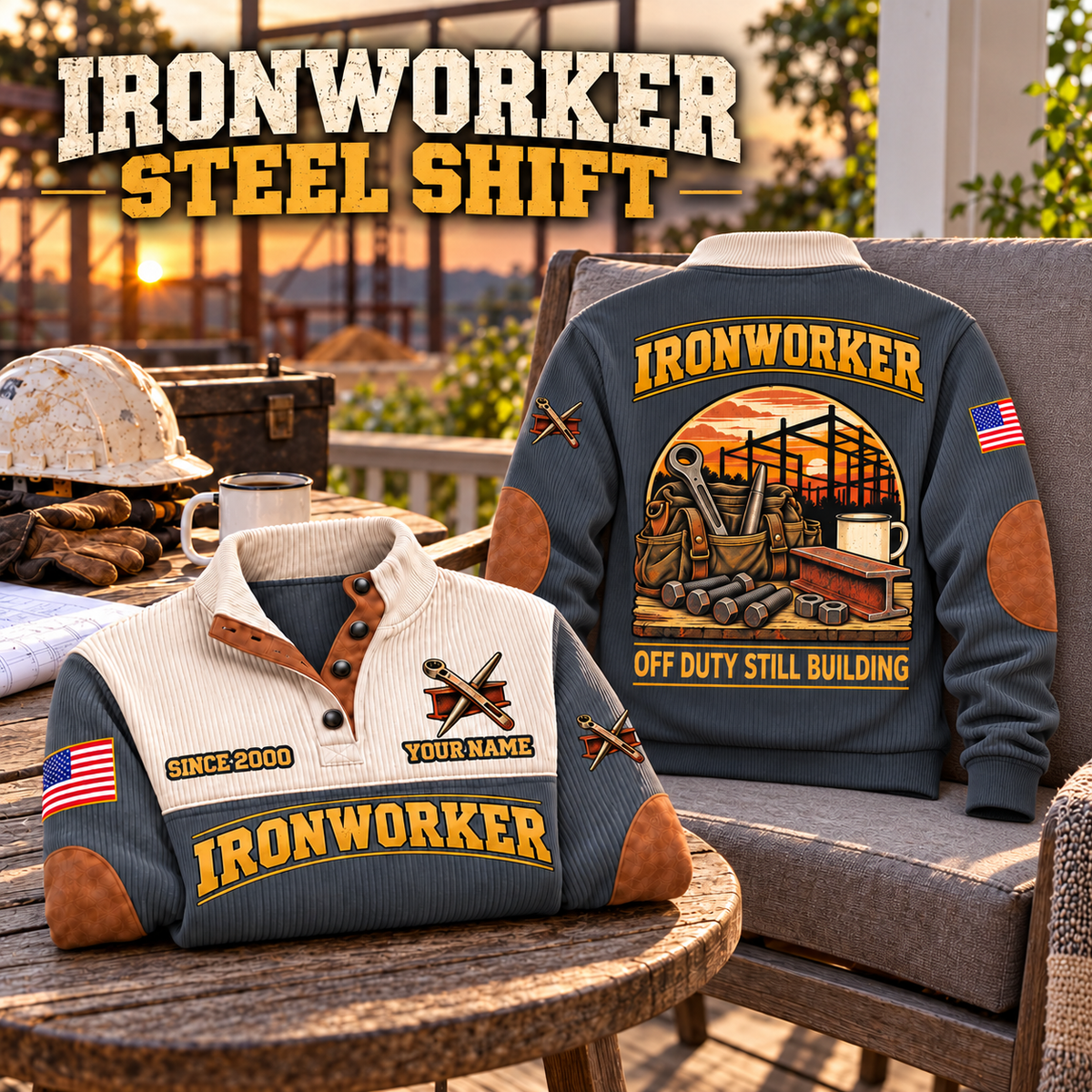 Ironworker Steel Shift Sports Sweatshirt in Grey, source-faithful garment artwork in a polished porch chair back and folded front composition, original sample name and year retained.