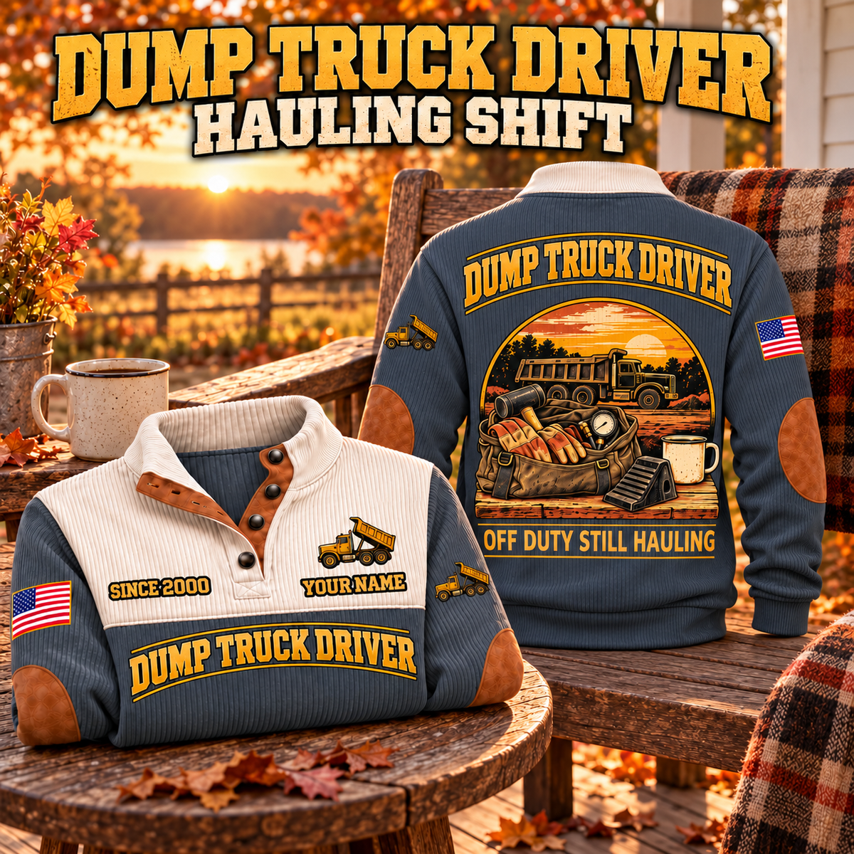Dump Truck Driver Hauling Shift Sports Sweatshirt in Grey, source-faithful garment artwork in a polished porch chair back and folded front composition, original sample name and year retained.