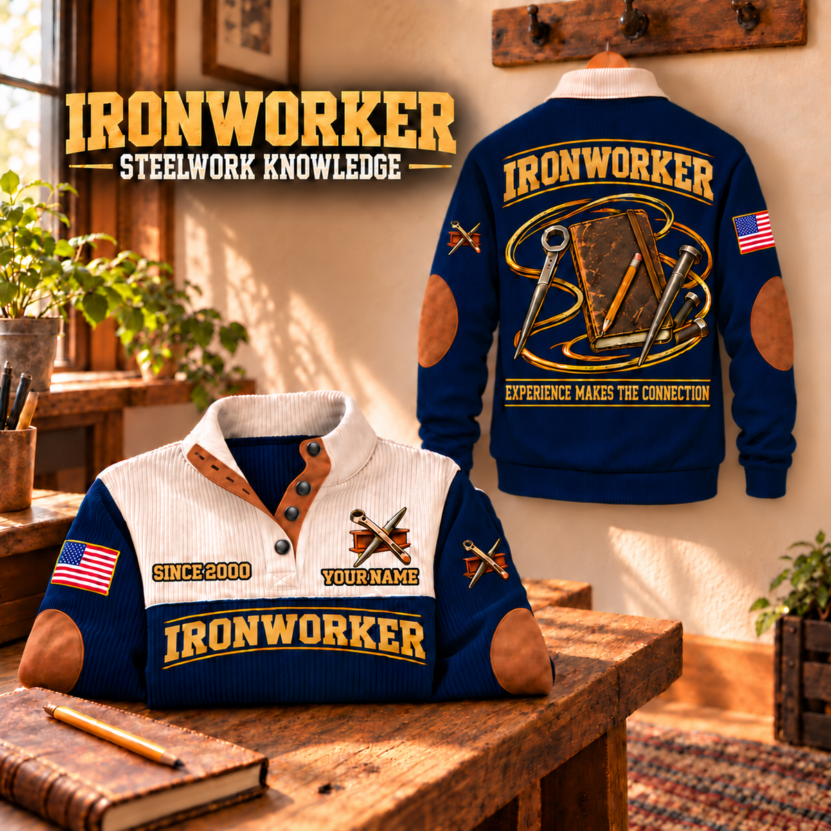 Ironworker Steelwork Knowledge Sports Sweatshirt in Navy, source-faithful garment artwork in a polished hook back and folded front composition, original sample name and year retained.