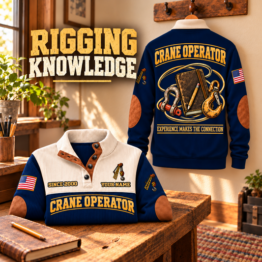 Crane Operator Rigging Knowledge Sports Sweatshirt in Navy, source-faithful garment artwork in a polished hook back and folded front composition, original sample name and year retained.