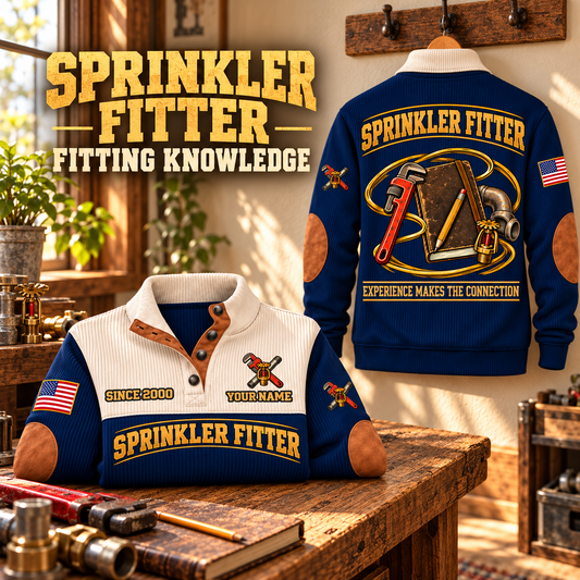 Sprinkler Fitter Fitting Knowledge Sports Sweatshirt in Navy, source-faithful front and back garment artwork in a polished hook back and folded front composition, original sample name and year retained.