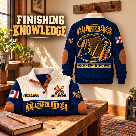 Wallpaper Hanger Finishing Knowledge Sports Sweatshirt in Navy, source-faithful garment artwork in a polished hook back and folded front composition, original sample name and year retained.