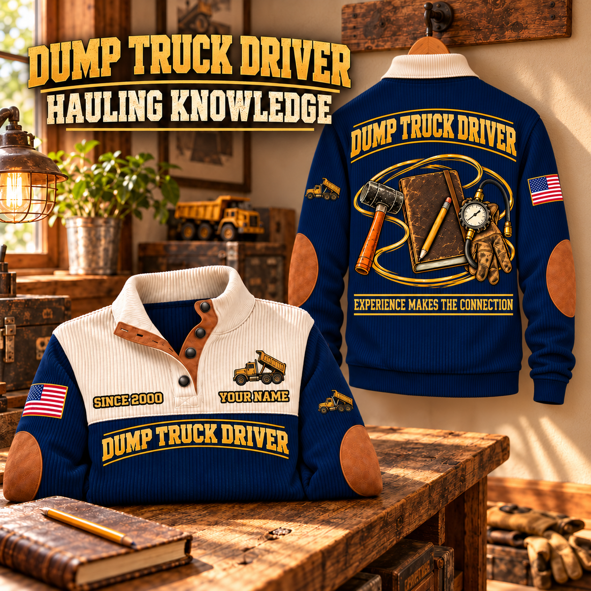 Dump Truck Driver Hauling Knowledge Sports Sweatshirt in Navy, source-faithful garment artwork in a polished hook back and folded front composition, original sample name and year retained.