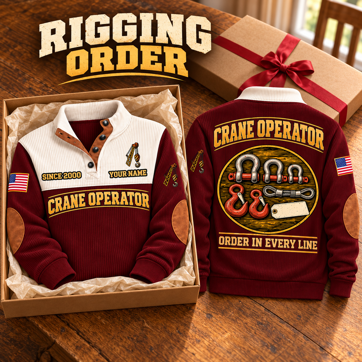 Crane Operator Rigging Order Sports Sweatshirt in Jujube Red, source-faithful garment artwork in a polished gift box front and back composition, original sample name and year retained.
