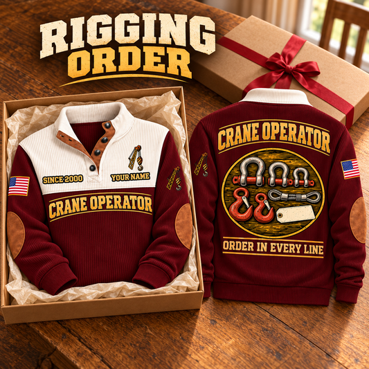 Crane Operator Rigging Order Sports Sweatshirt in Jujube Red, source-faithful garment artwork in a polished gift box front and back composition, original sample name and year retained.