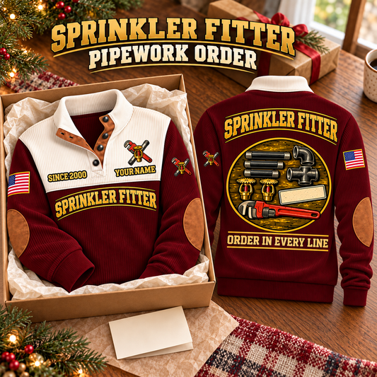 Sprinkler Fitter Pipework Order Sports Sweatshirt in Jujube Red, source-faithful front and back garment artwork in a polished gift box front and back composition, original sample name and year retained.