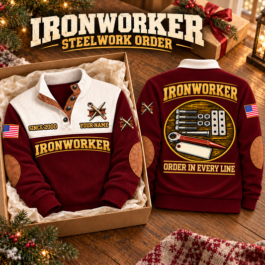 Ironworker Steelwork Order Sports Sweatshirt in Jujube Red, source-faithful garment artwork in a polished gift box front and back composition, original sample name and year retained.