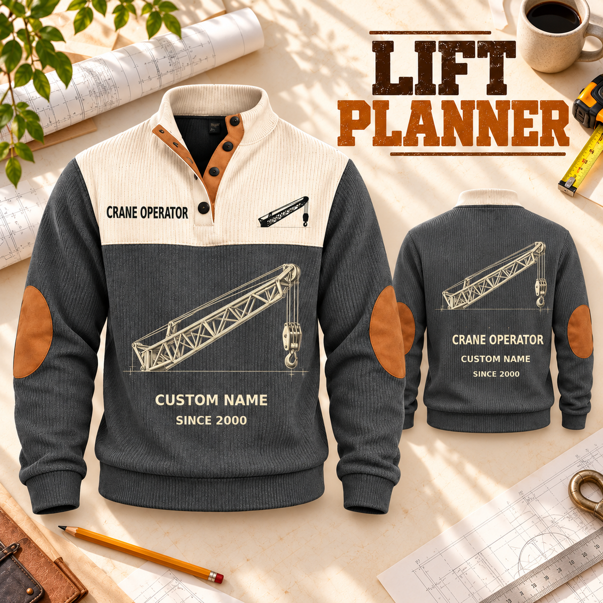 Crane Operator Lift Planner Sports Sweatshirt in Grey, source-faithful garment artwork in a polished plan flatlay back and folded front composition, original sample name and year retained.