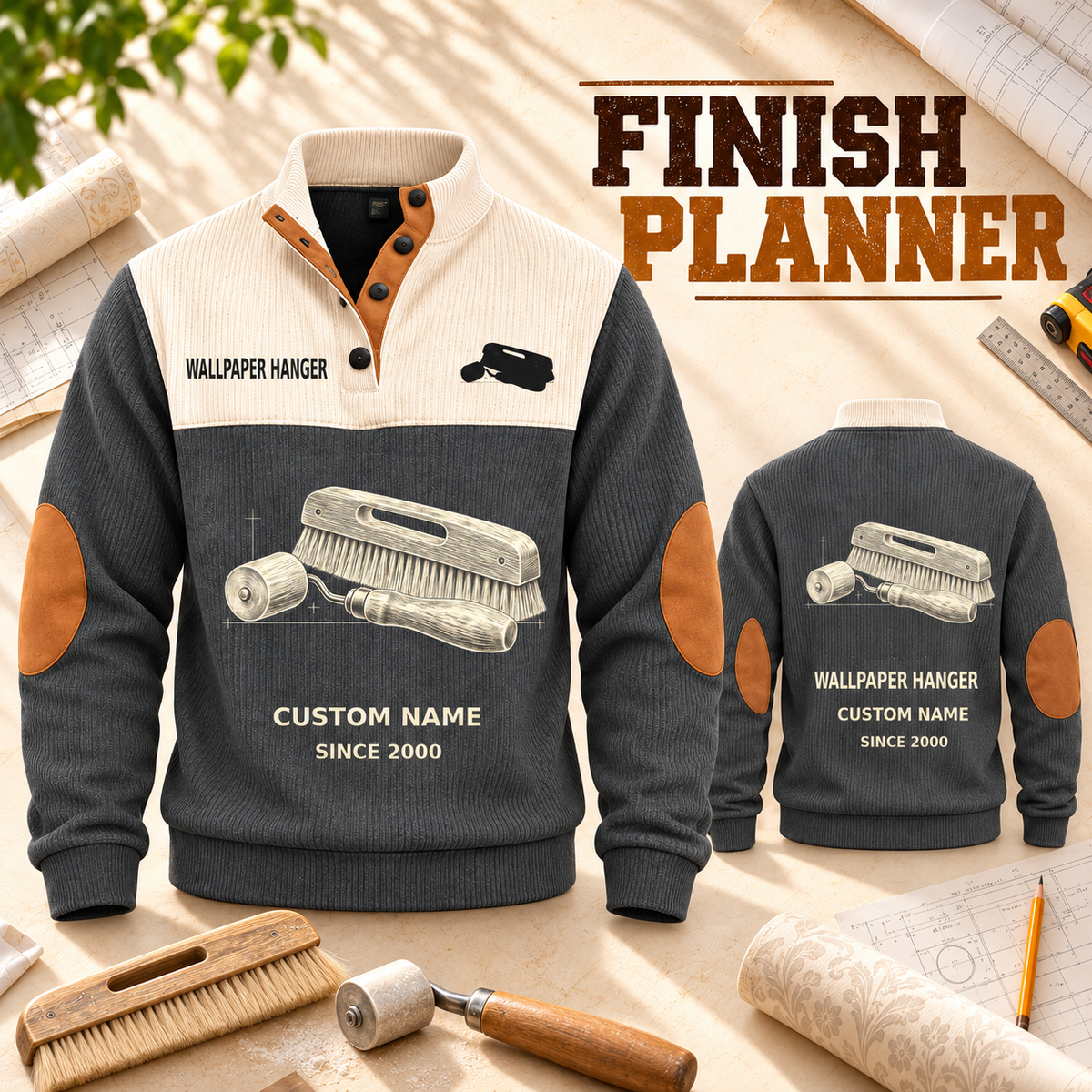 Wallpaper Hanger Finish Planner Sports Sweatshirt in Grey, source-faithful garment artwork in a polished plan flatlay back and folded front composition, original sample name and year retained.