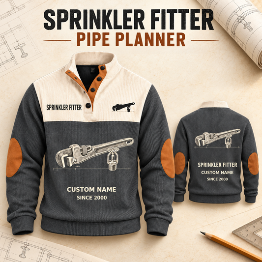 Sprinkler Fitter Pipe Planner Sports Sweatshirt in Grey, source-faithful front and back garment artwork in a polished plan flatlay back and folded front composition, original sample name and year retained.