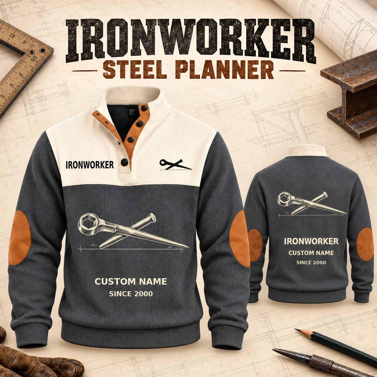 Ironworker Steel Planner Sports Sweatshirt in Grey, source-faithful garment artwork in a polished plan flatlay back and folded front composition, original sample name and year retained.