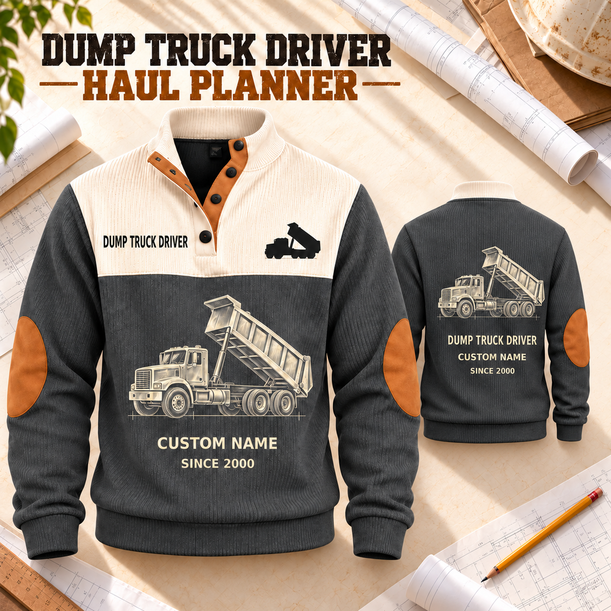 Dump Truck Driver Haul Planner Sports Sweatshirt in Grey, source-faithful garment artwork in a polished plan flatlay back and folded front composition, original sample name and year retained.