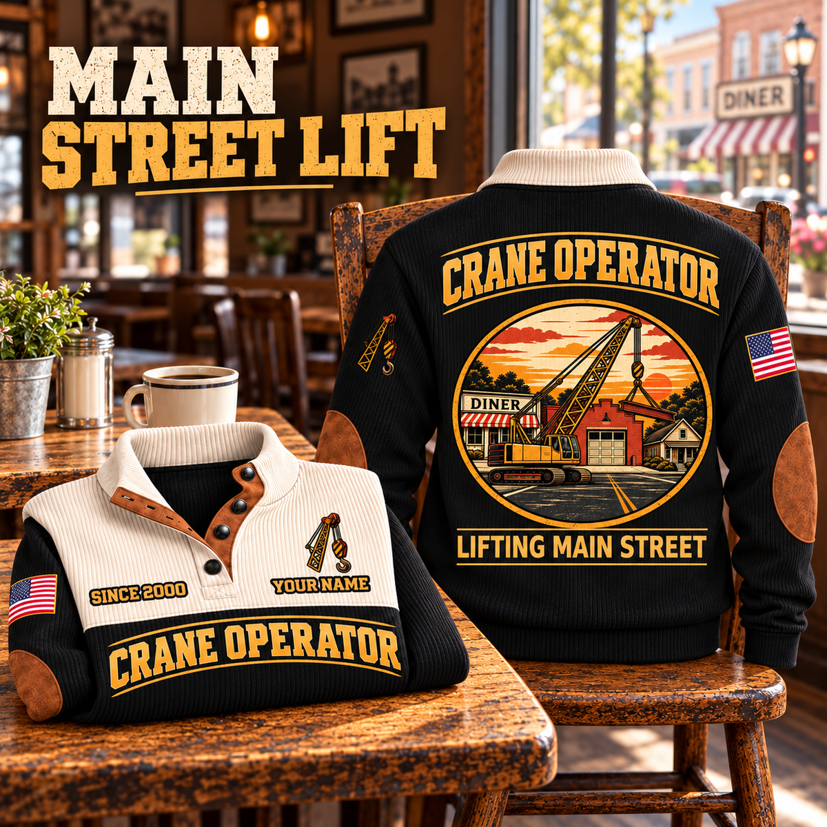 Crane Operator Main Street Lift Sports Sweatshirt in Black, source-faithful garment artwork in a polished cafe chair back and folded front composition, original sample name and year retained.