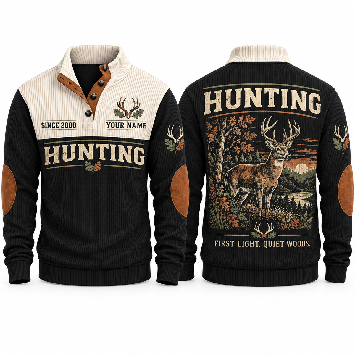 First Light Quiet Woods personalized hunting sports sweatshirt in Black, front and back