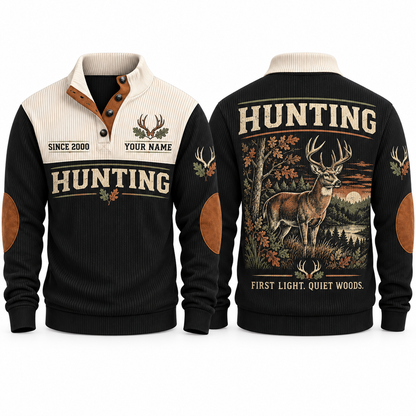 First Light Quiet Woods personalized hunting sports sweatshirt in Black, front and back