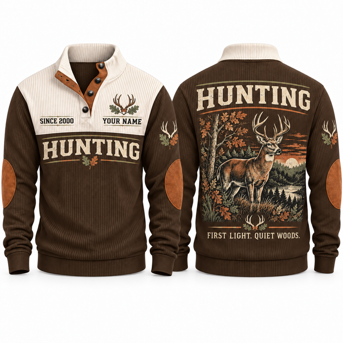 First Light. Quiet Woods. personalized hunting sports sweatshirt in Brown, front and back with flat printed artwork