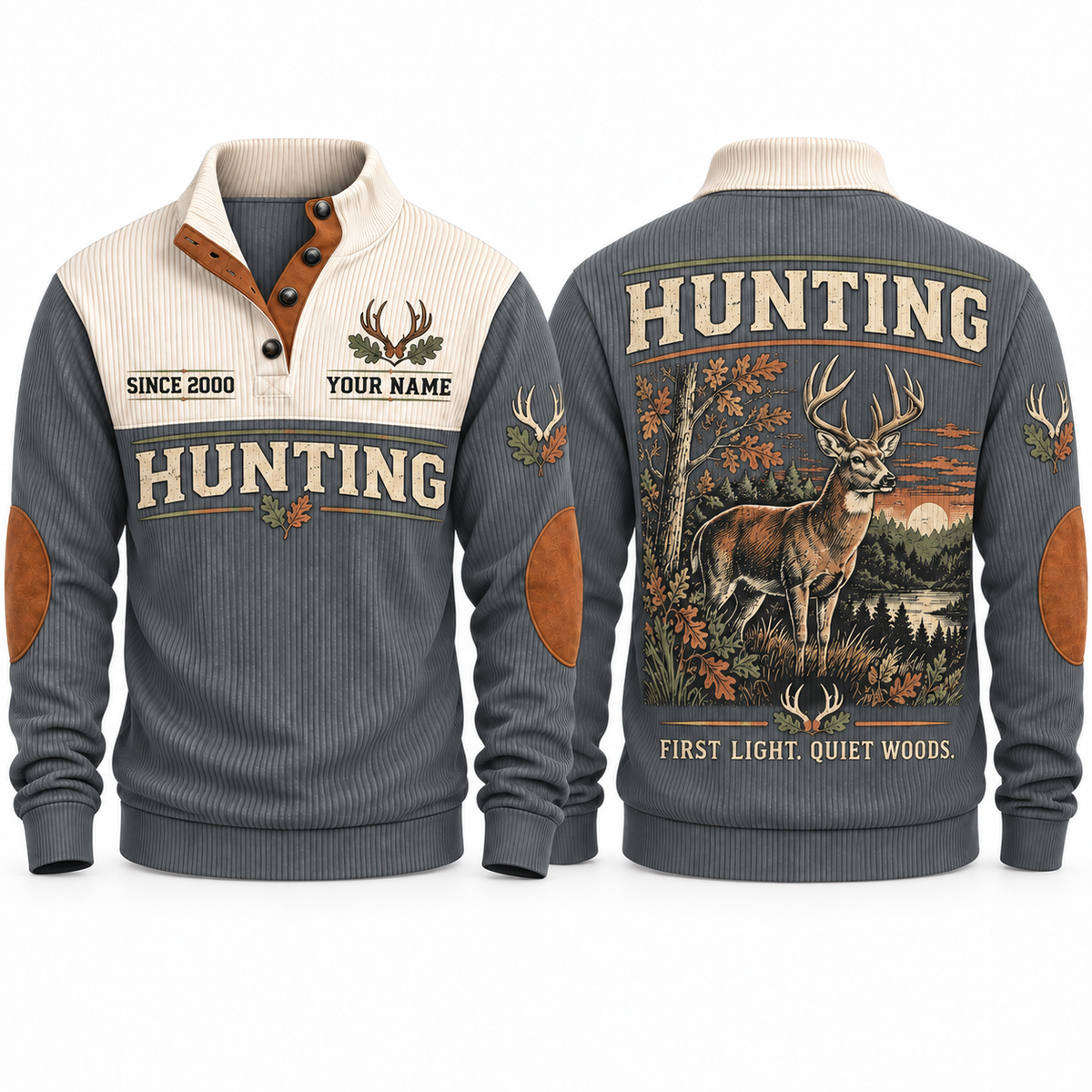 First Light. Quiet Woods. personalized hunting sports sweatshirt in Grey, front and back with flat printed artwork