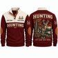 First Light. Quiet Woods. personalized hunting sports sweatshirt in Jujube Red, front and back with flat printed artwork