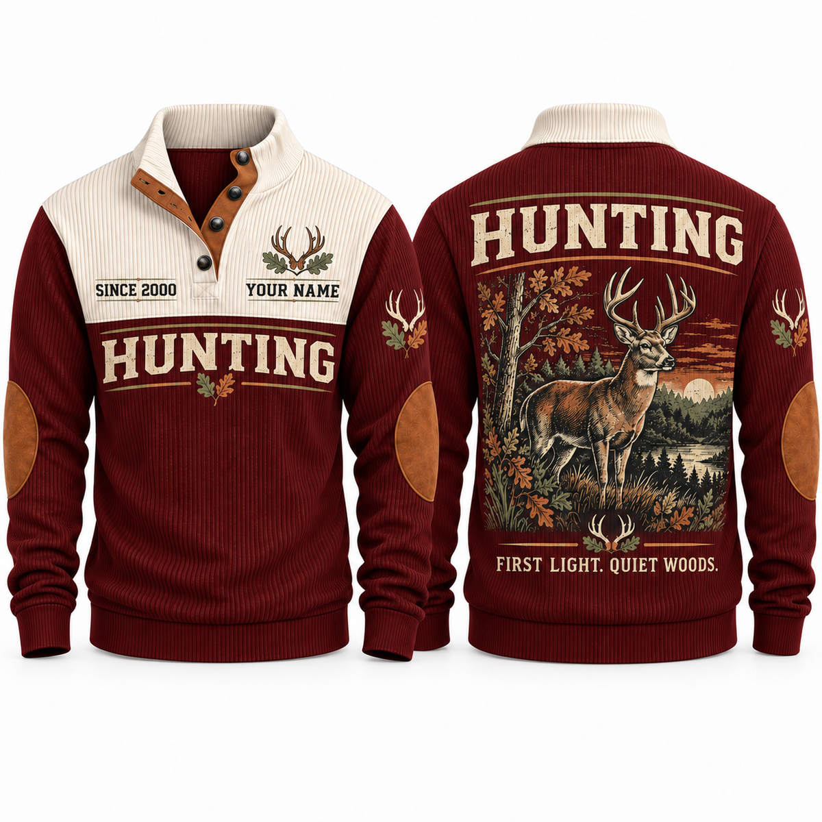 First Light. Quiet Woods. personalized hunting sports sweatshirt in Jujube Red, front and back with flat printed artwork