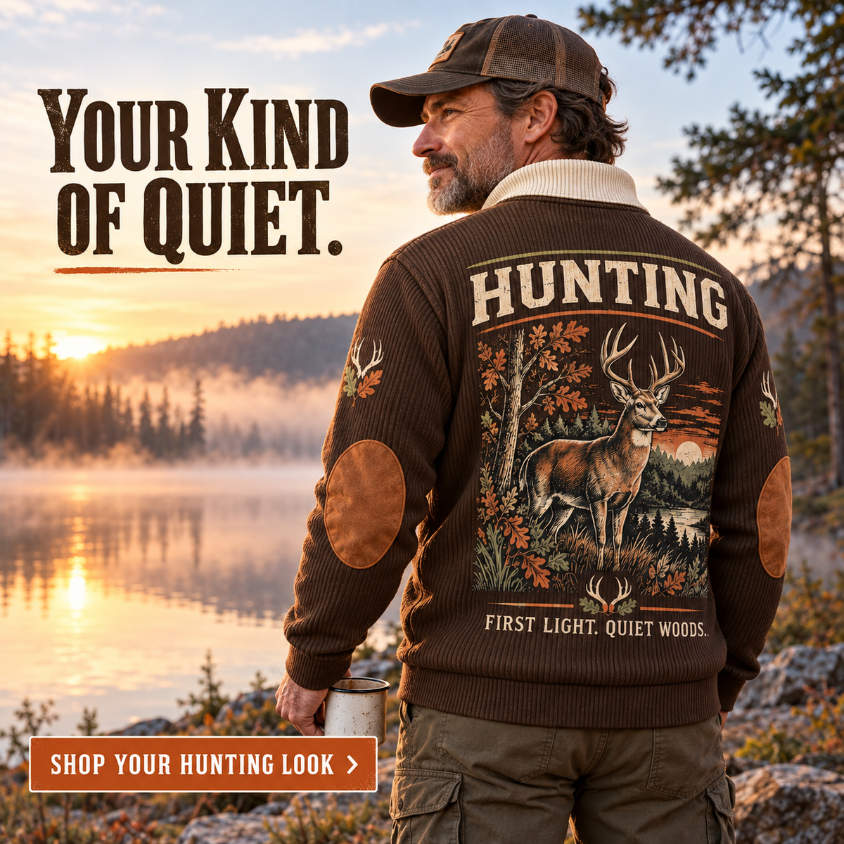First Light. Quiet Woods. | Hunting Personalized Sports Sweatshirt — lifestyle mockup in Brown