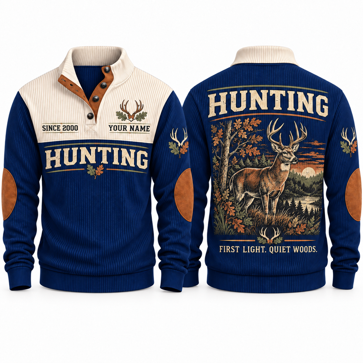 First Light. Quiet Woods. personalized hunting sports sweatshirt in Navy, front and back with flat printed artwork