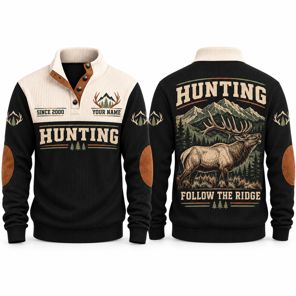 Follow the Ridge personalized hunting sports sweatshirt in Black, front and back with flat printed artwork