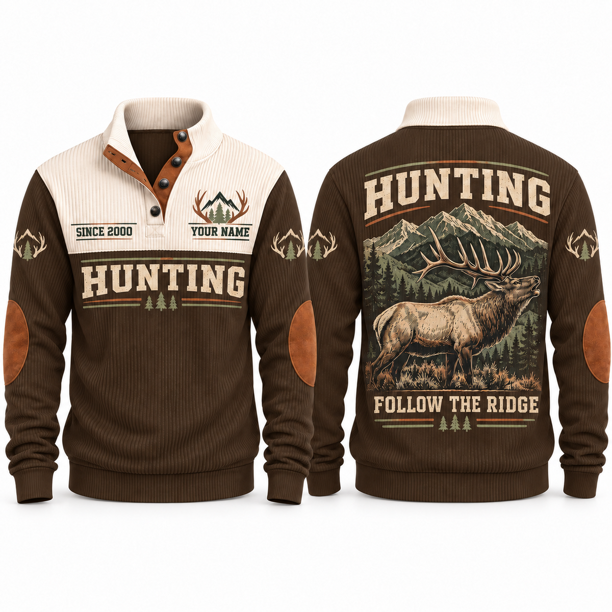 Follow the Ridge personalized hunting sports sweatshirt in Brown, front and back with flat printed artwork