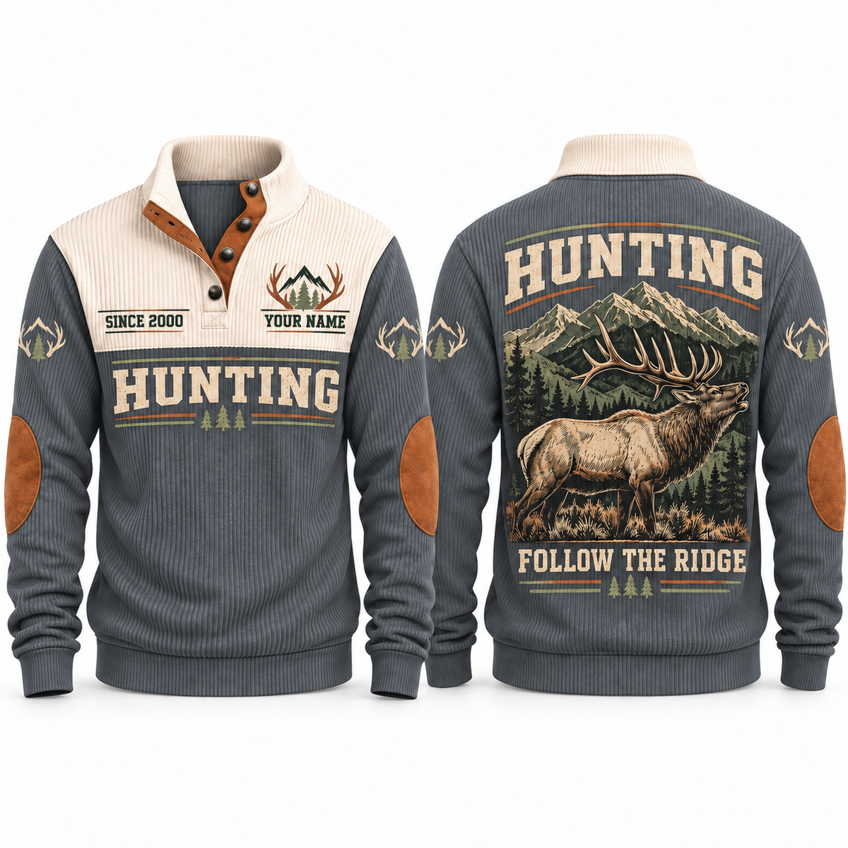Follow the Ridge personalized hunting sports sweatshirt in Grey, front and back with flat printed artwork