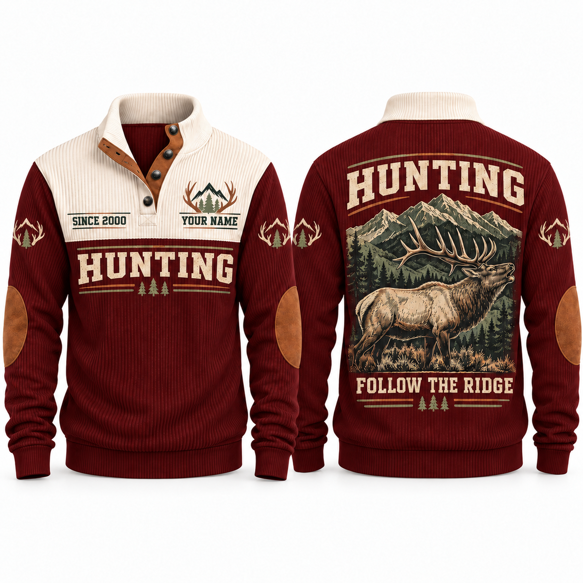 Follow the Ridge personalized hunting sports sweatshirt in Jujube Red, front and back with flat printed artwork