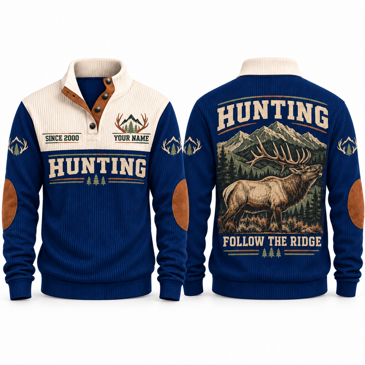 Follow the Ridge personalized hunting sports sweatshirt in Navy, front and back with flat printed artwork