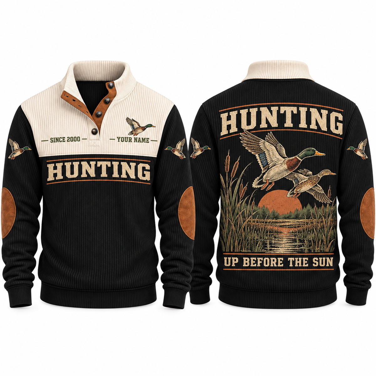 Up Before the Sun personalized hunting sports sweatshirt in Black, front and back with flat printed artwork