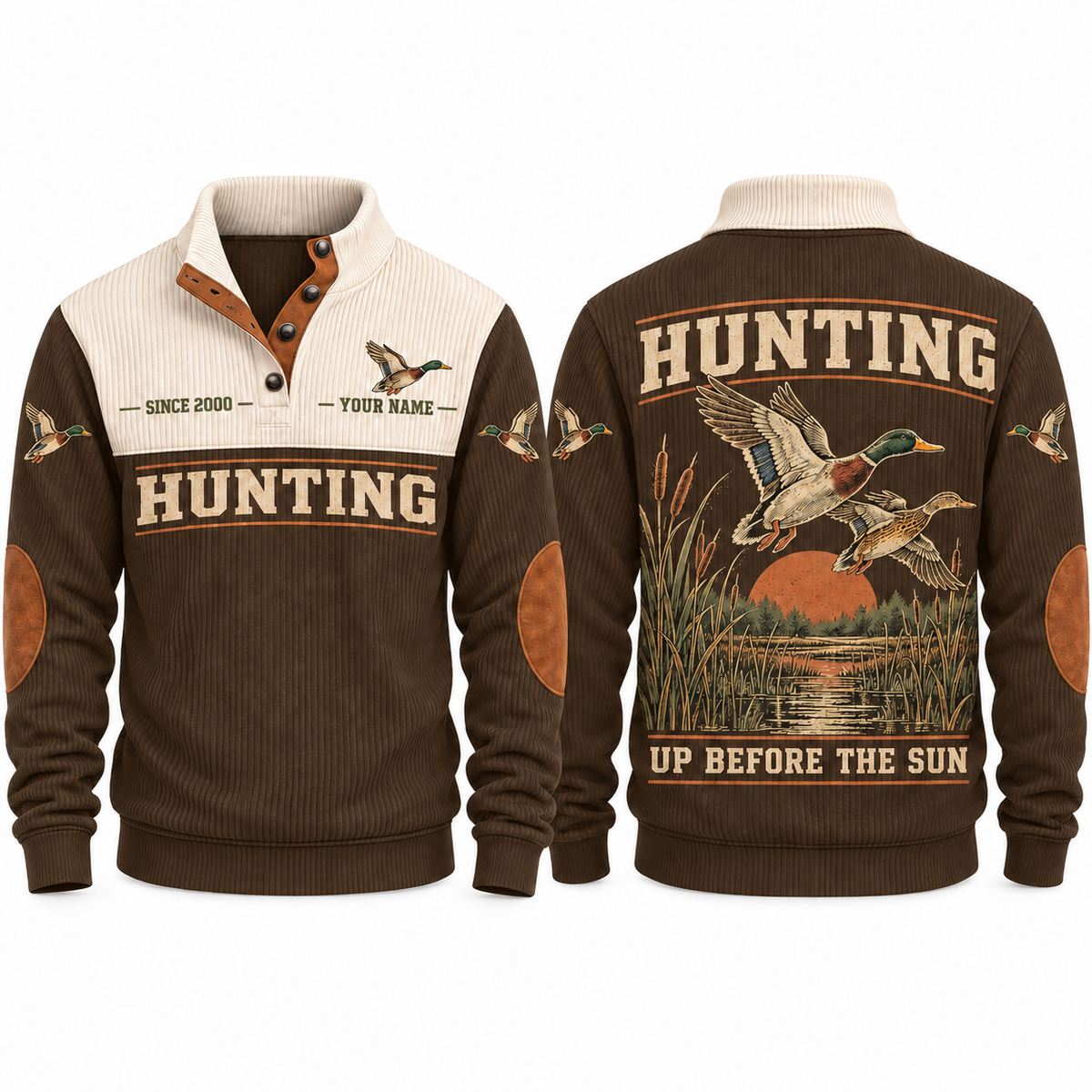 Up Before the Sun personalized hunting sports sweatshirt in Brown, front and back with flat printed artwork
