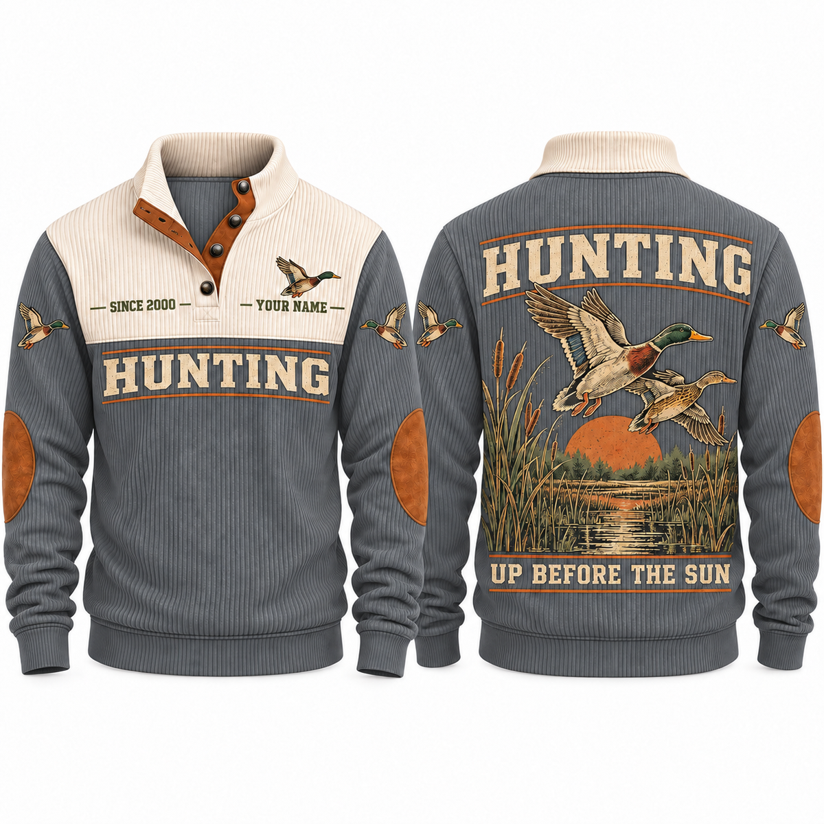 Up Before the Sun personalized hunting sports sweatshirt in Grey, front and back with flat printed artwork