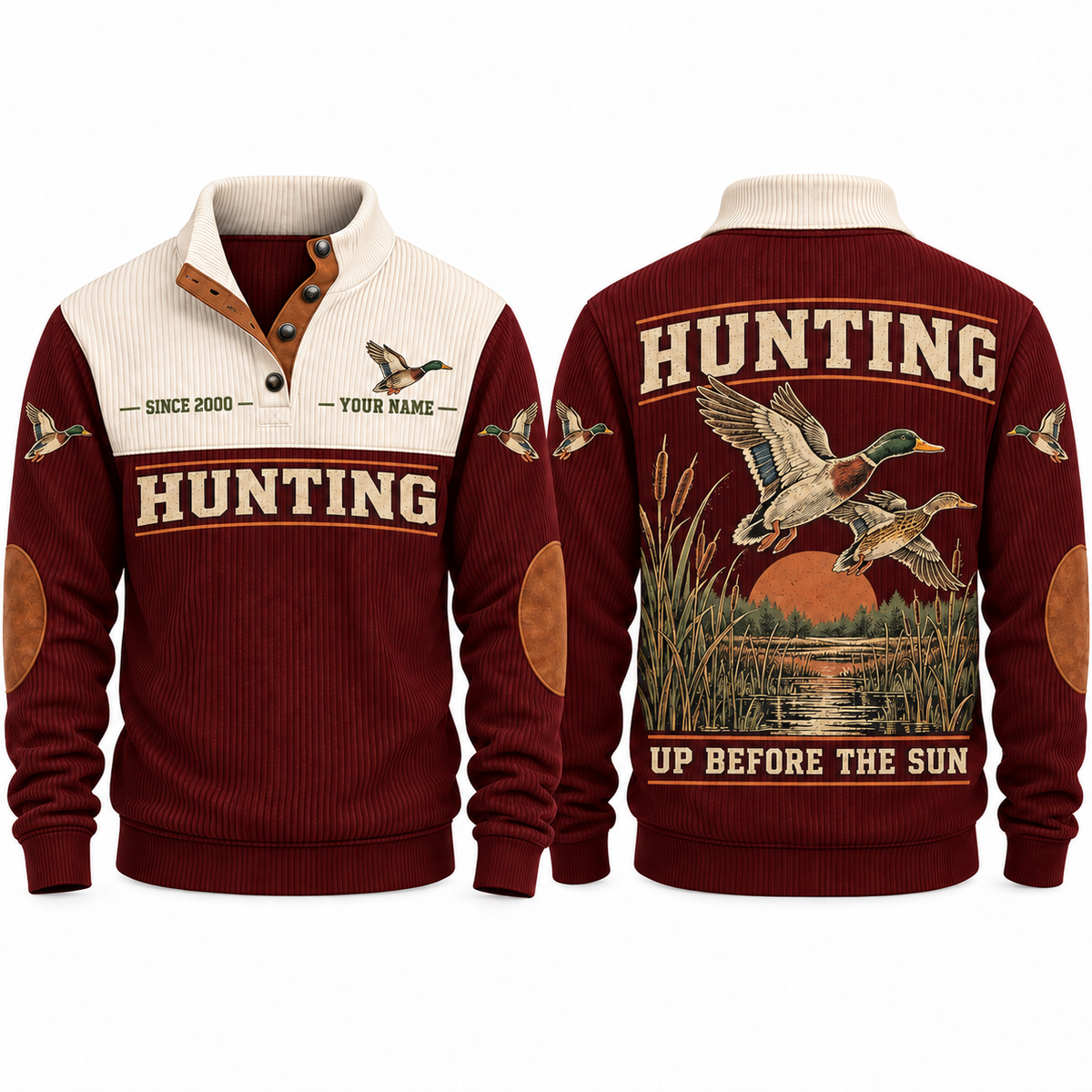Up Before the Sun personalized hunting sports sweatshirt in Jujube Red, front and back with flat printed artwork