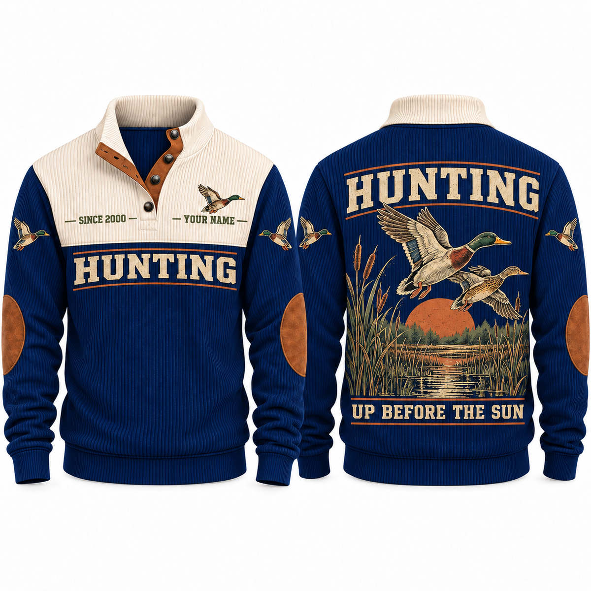 Up Before the Sun personalized hunting sports sweatshirt in Navy, front and back with flat printed artwork