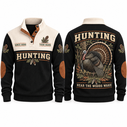 Hear the Woods Wake personalized hunting sports sweatshirt in Black, front and back with flat printed artwork