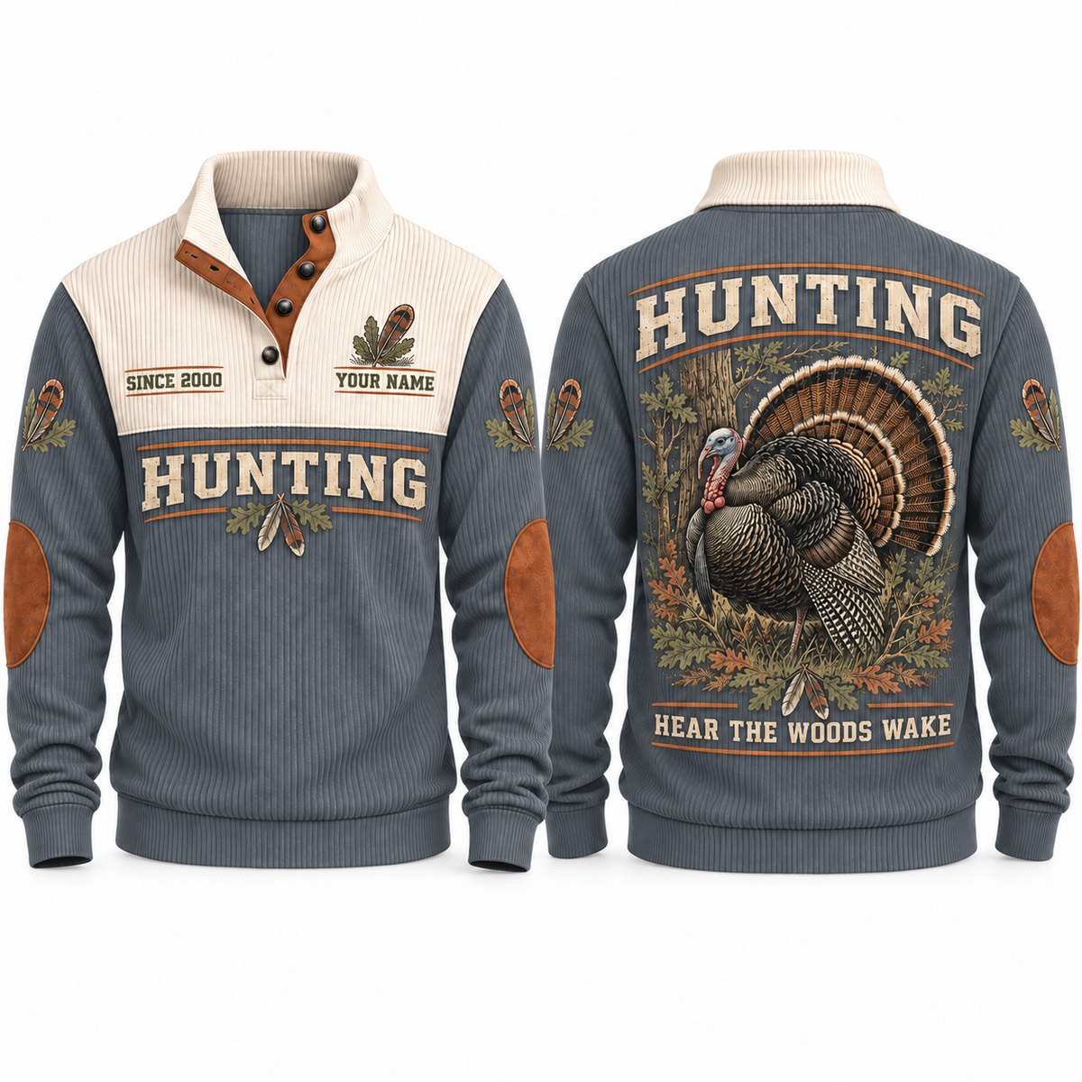 Hear the Woods Wake personalized hunting sports sweatshirt in Grey, front and back with flat printed artwork