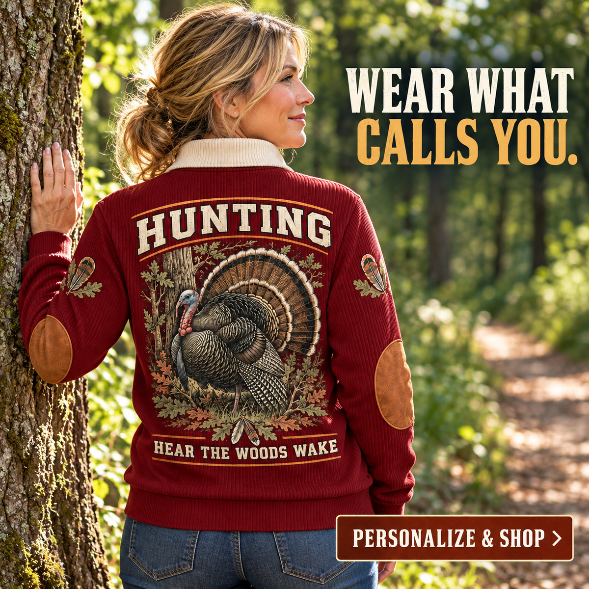 Hear the Woods Wake | Hunting Personalized Sports Sweatshirt lifestyle mockup in Jujube Red