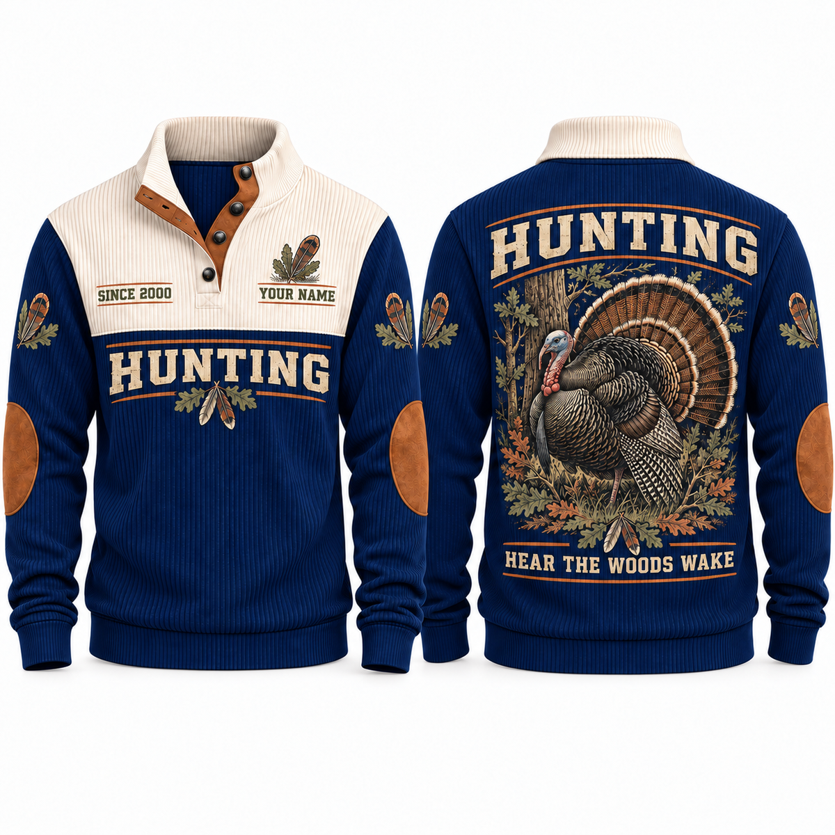 Hear the Woods Wake personalized hunting sports sweatshirt in Navy, front and back with flat printed artwork