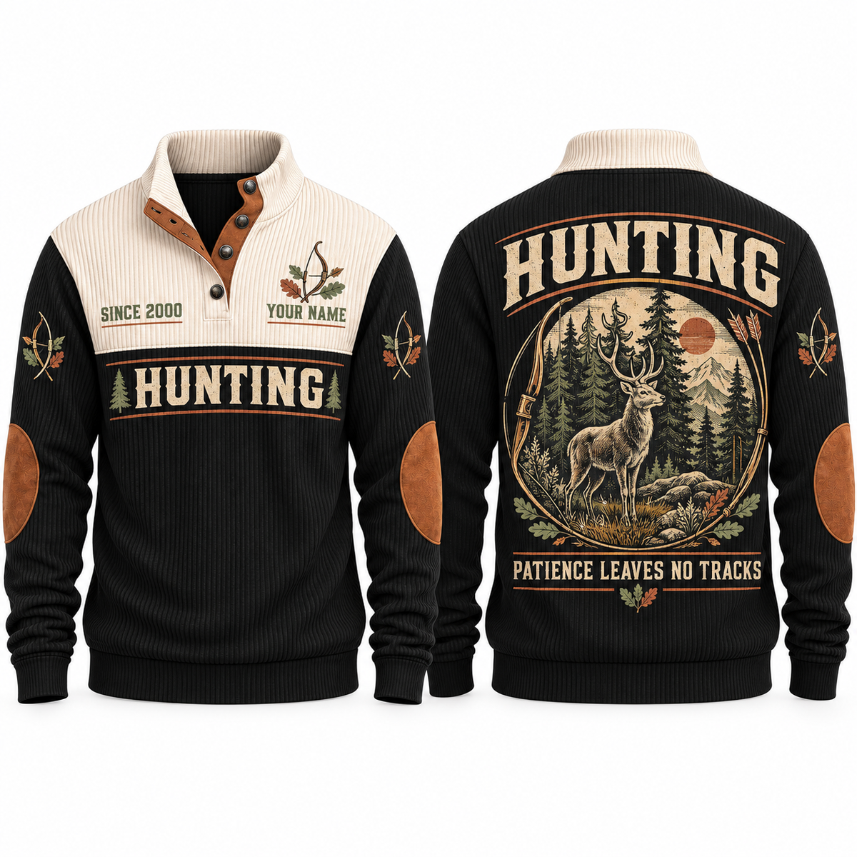 Patience Leaves No Tracks personalized hunting sports sweatshirt in Black, front and back with flat printed artwork