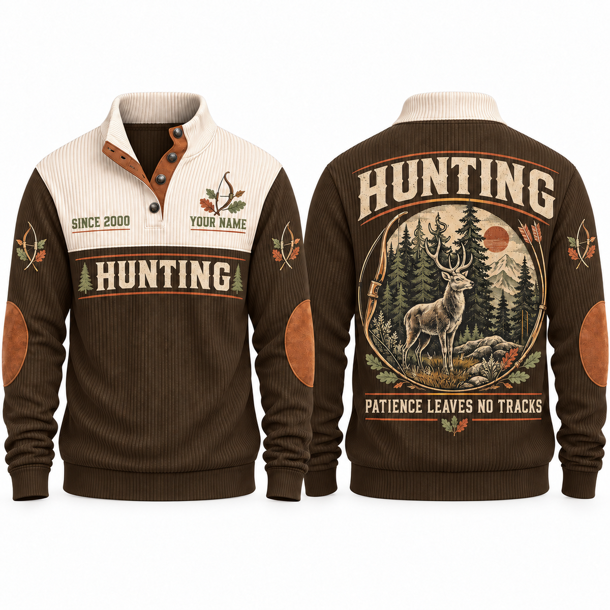 Patience Leaves No Tracks personalized hunting sports sweatshirt in Brown, front and back with flat printed artwork