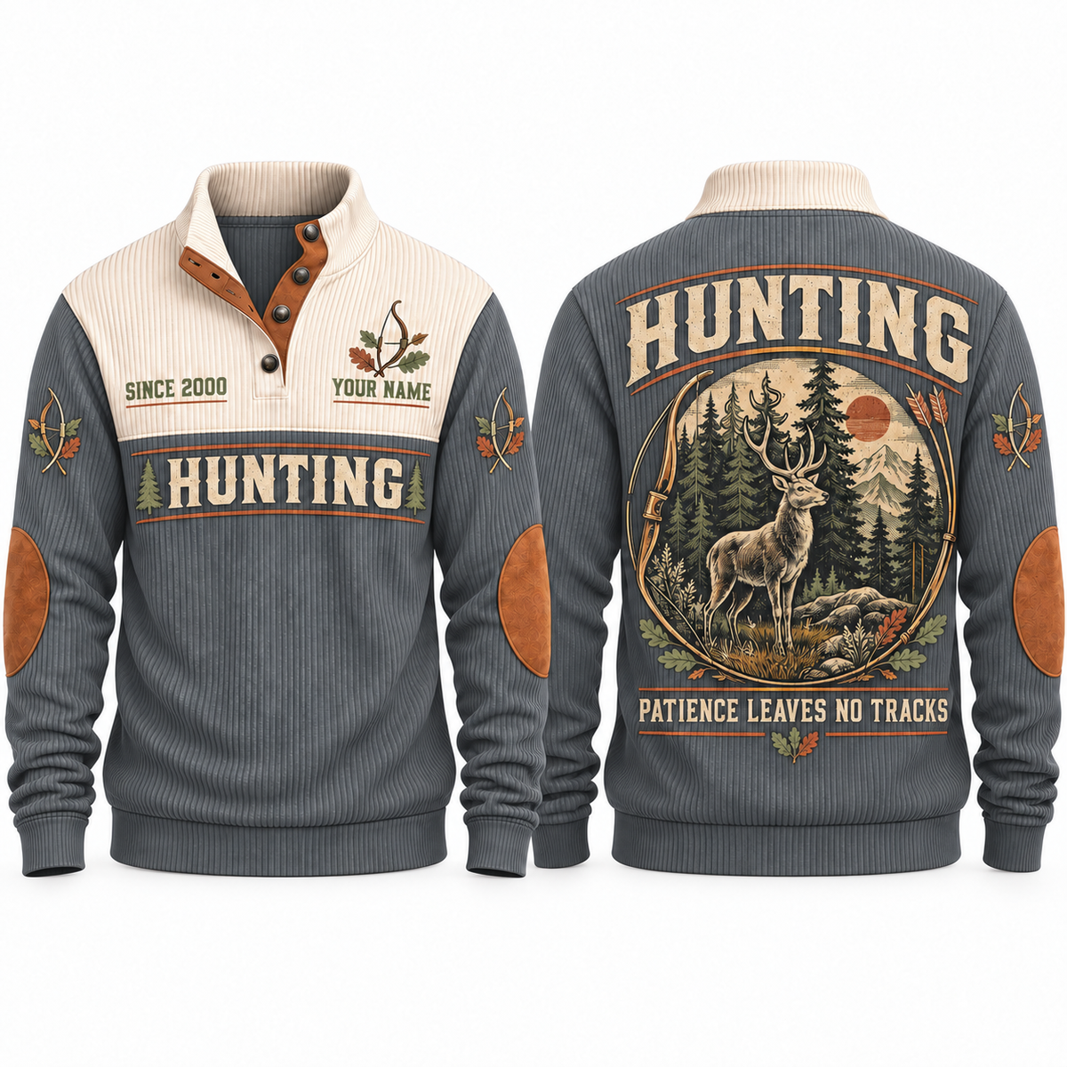 Patience Leaves No Tracks personalized hunting sports sweatshirt in Grey, front and back with flat printed artwork