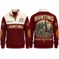 Patience Leaves No Tracks personalized hunting sports sweatshirt in Jujube Red, front and back with flat printed artwork